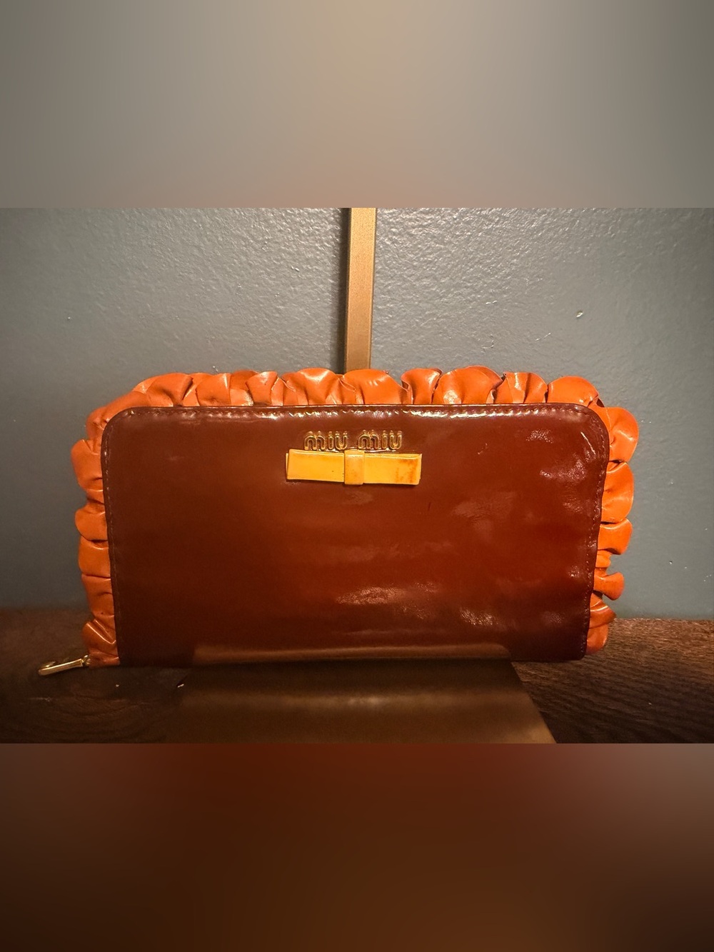 Miu Miu Two-Tone Brown and Orange Patent Ruffle Bow Wallet